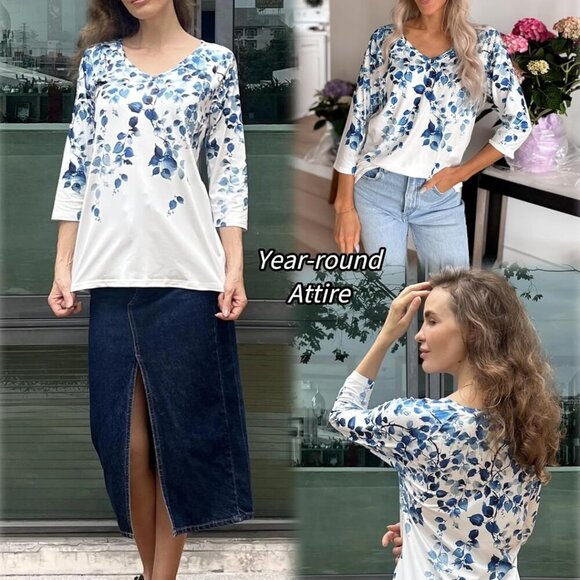 Women's Casual V Neck 3/4 Sleeve Soft Basic Tee Blouse for Work and Casual - Picture 5 of 5